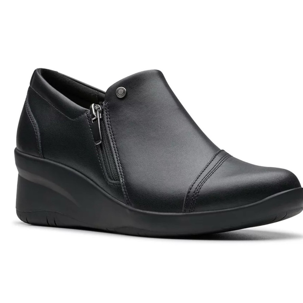Clarks Black Leather Suttyn Zip Wedge Mules Size 11